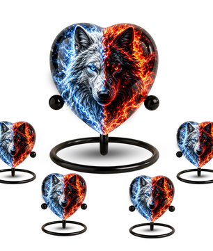 Wolf Heart Cremation Urn for Ashes, Personalized Adult Memorial Urn, White and Black Wolf Urn,
