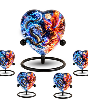 Heart Shaped Dragon and Phoenix Urn for Ashes, Blue Dragon Firebird Cremation Urn, Fantasy Memorial Urn for Human Ashes