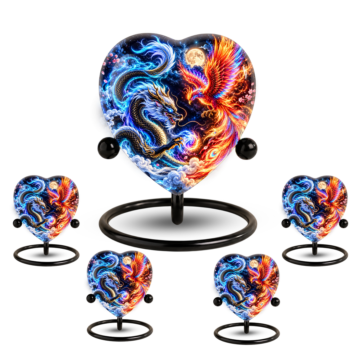 Heart Shaped Dragon and Phoenix Urn for Ashes, Blue Dragon Firebird Cremation Urn, Fantasy Memorial Urn for Human Ashes