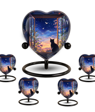 Black Cat Sunset Memorial Adult Urn – Heart-Shaped Adult Urn for Ashes Adult Cremation Urns, Urn for Ashes Adult