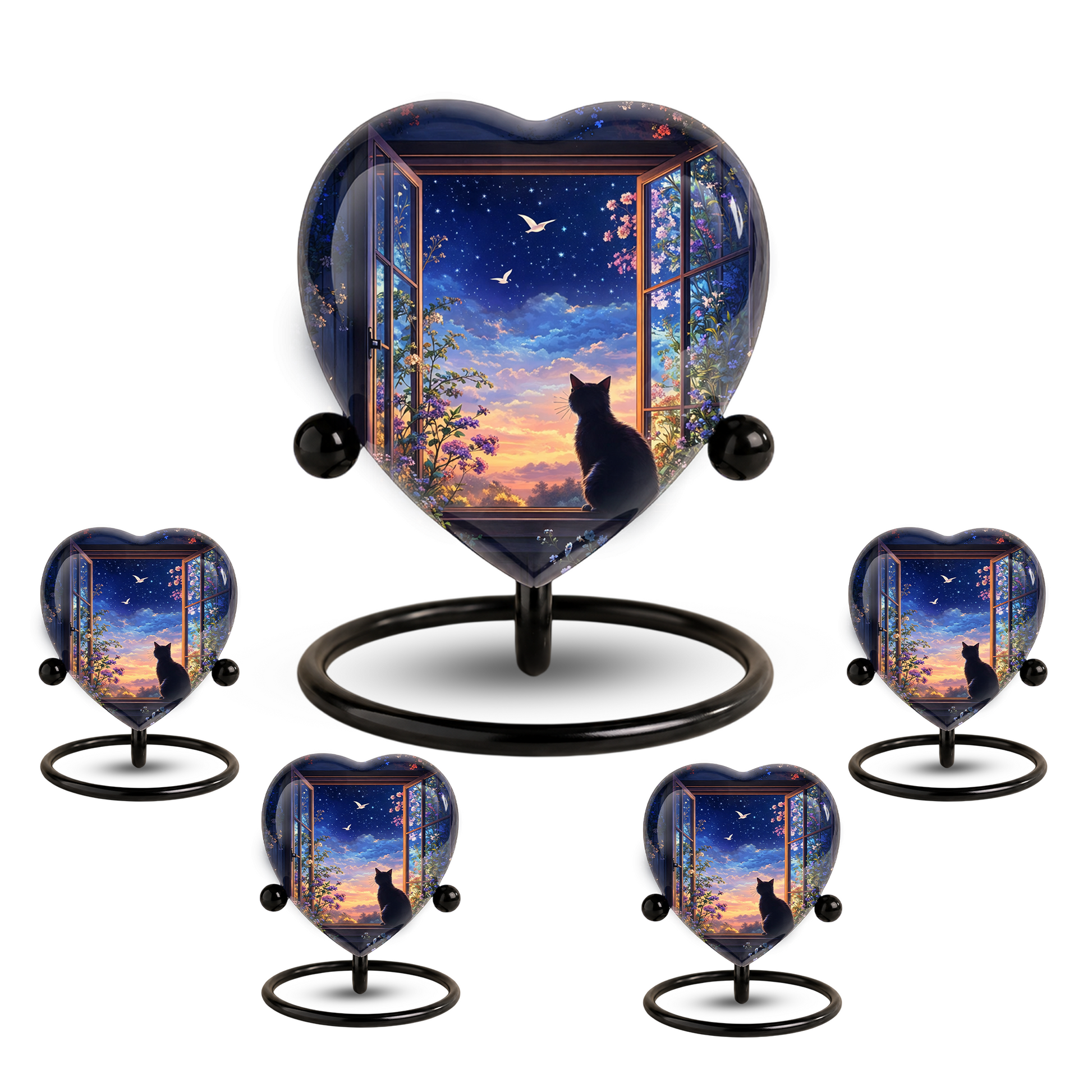 Black Cat Sunset Memorial Adult Urn – Heart-Shaped Adult Urn for Ashes Adult Cremation Urns, Urn for Ashes Adult