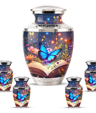 Butterfly Book Cremation Urn for Female - Blue Butterfly Floral Book Urn for Human Ashes