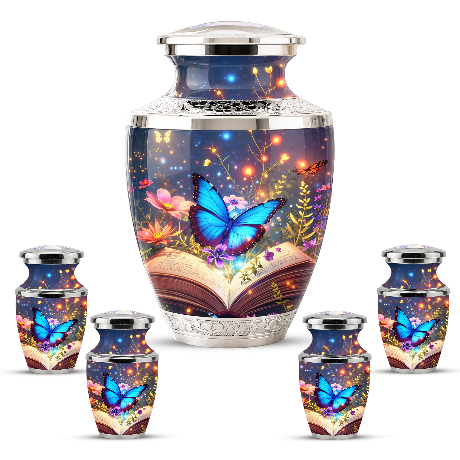 Butterfly Book Cremation Urn for Female - Blue Butterfly Floral Book Urn for Human Ashes
