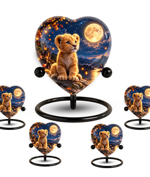 Lion Cub Adult Urn for Ashes, Baby Lion Memorial Urn, Golden Moon and Mountain Cremation Urn