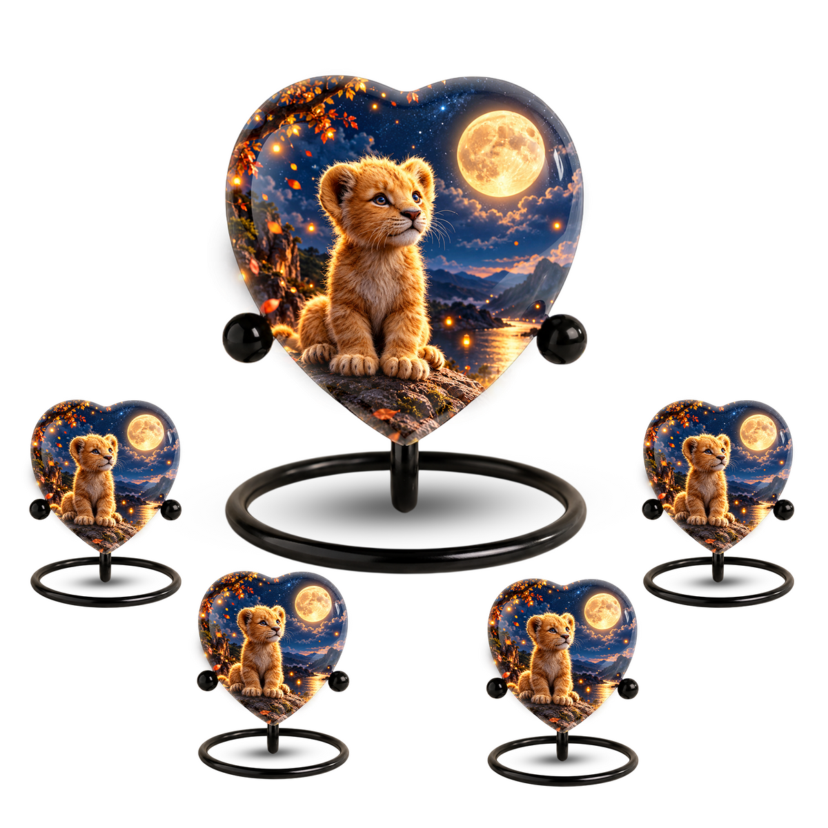 Lion Cub Adult Urn for Ashes, Baby Lion Memorial Urn, Golden Moon and Mountain Cremation Urn