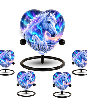 Heart Shaped White Horse Urn for Ashes, Aurora Borealis Horse Cremation Urn, Winter Wonderland Equine Memorial Urn