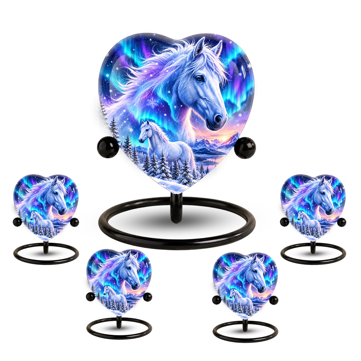 Heart Shaped White Horse Urn for Ashes, Aurora Borealis Horse Cremation Urn, Winter Wonderland Equine Memorial Urn