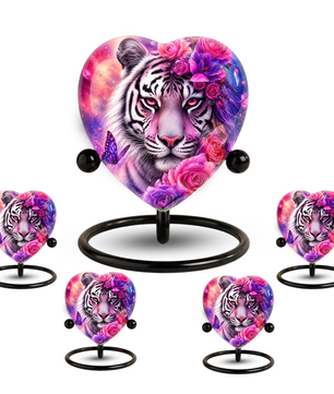 White Tiger Urn – Tiger Cremation Urn, Heart-Shaped Memorial Urn with Pink Roses