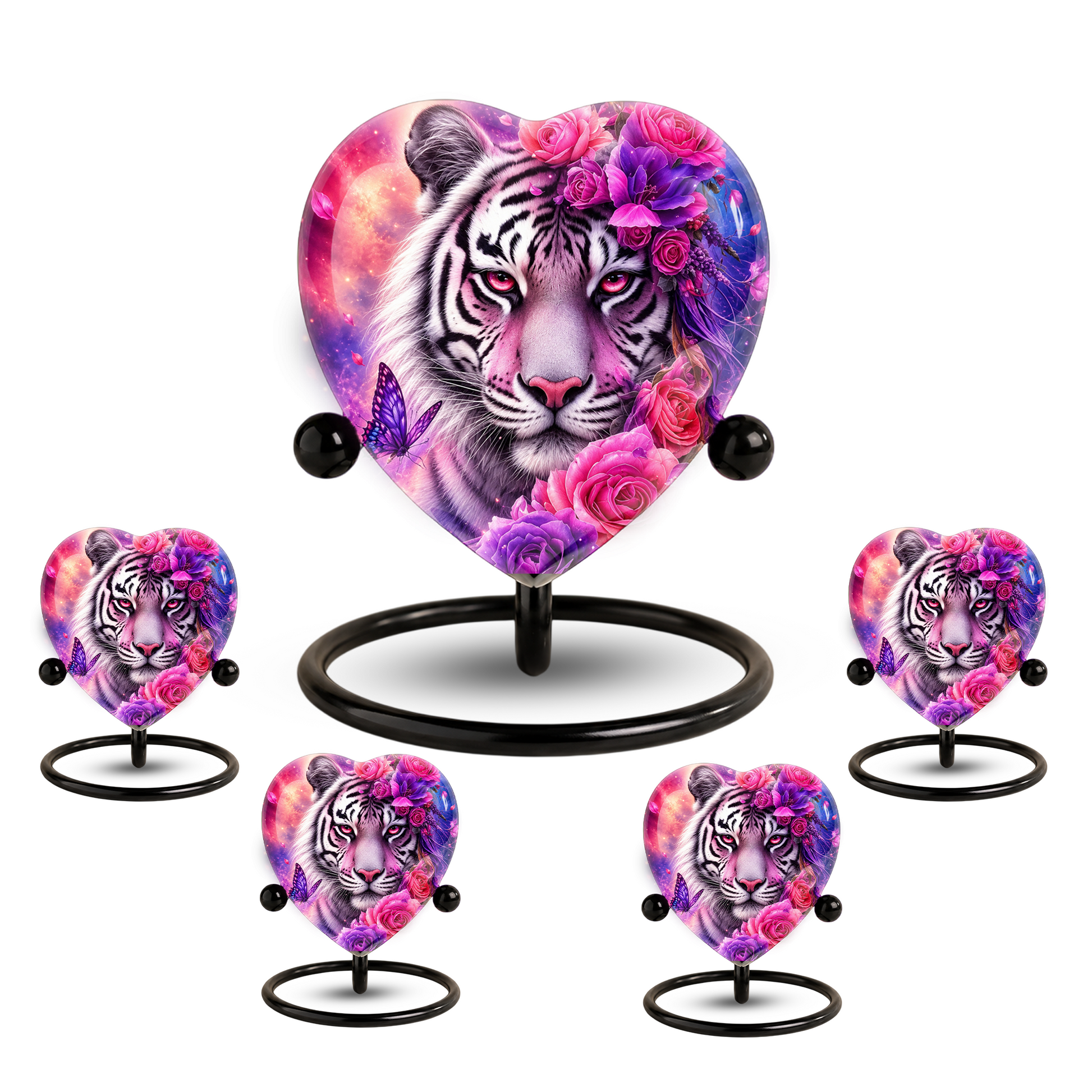 White Tiger Urn – Tiger Cremation Urn, Heart-Shaped Memorial Urn with Pink Roses