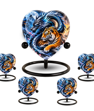 Heart Shaped Dragon and Tiger Urn for Ashes, Fantasy Animal Cremation Urn, Blue Dragon Tiger Memorial Urn for Human Ashes