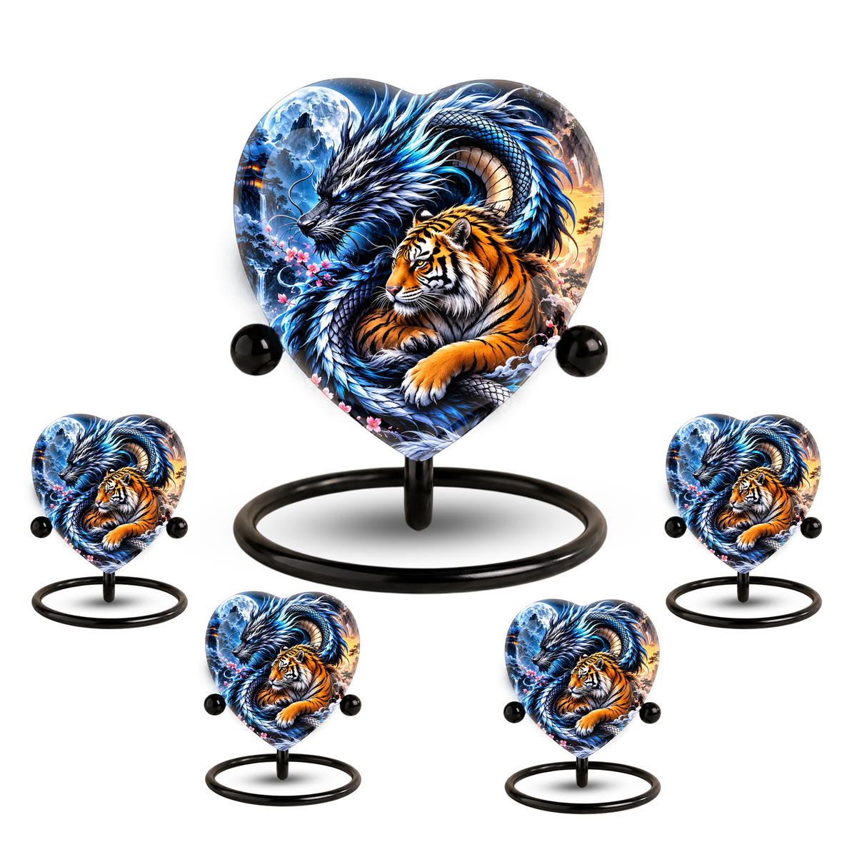 Heart Shaped Dragon and Tiger Urn for Ashes, Fantasy Animal Cremation Urn, Blue Dragon Tiger Memorial Urn for Human Ashes
