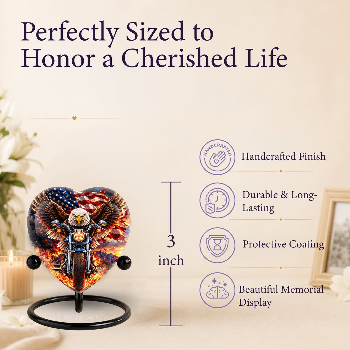 Heart Shaped Eagle Motorcycle Urn for Ashes, American Flag Cremation Urn, Patriotic Biker Memorial Urn for Human Ashes