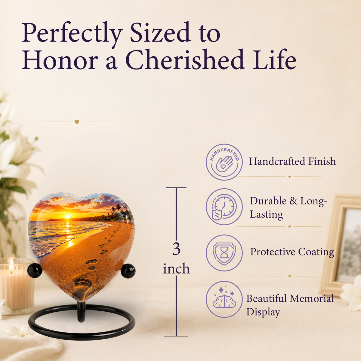 Beach Heart-Shaped Adult Cremation Urn – Beach Urn for Adult Ashes with Sunset Ocean