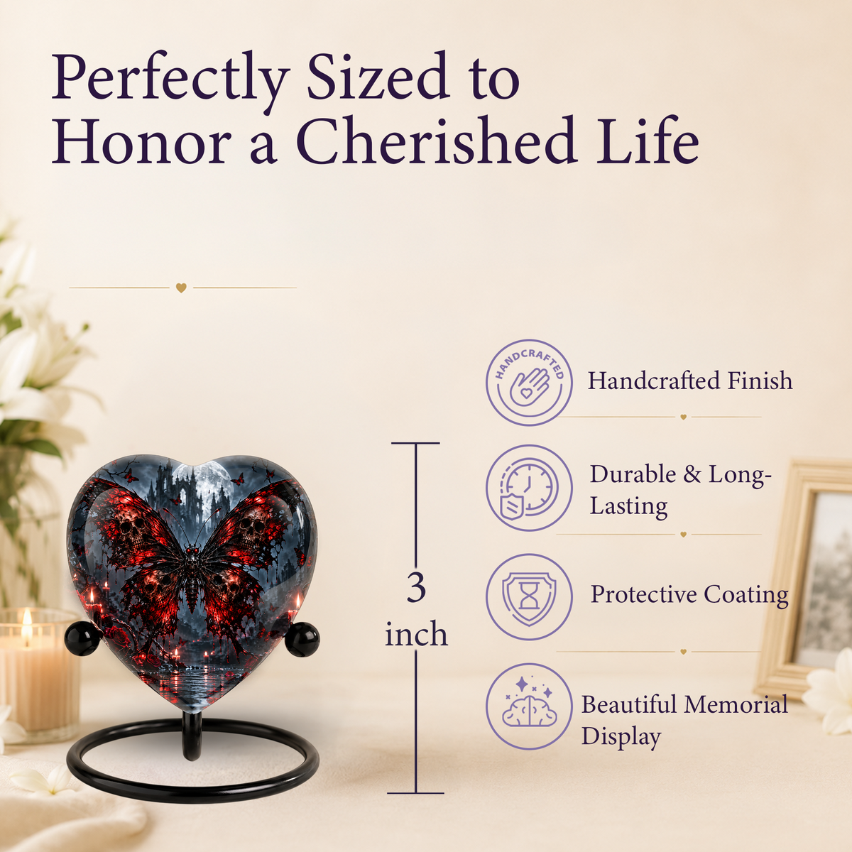 Gothic Butterfly Cremation Urn for Ashes, Skull Butterfly Urn, Red Black Gothic Memorial Urn, Halloween Heart Urn, Personalized Keepsake
