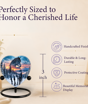 Heart Shaped Horse Urn for Ashes, Winter Mountain Sunset Cremation Urn