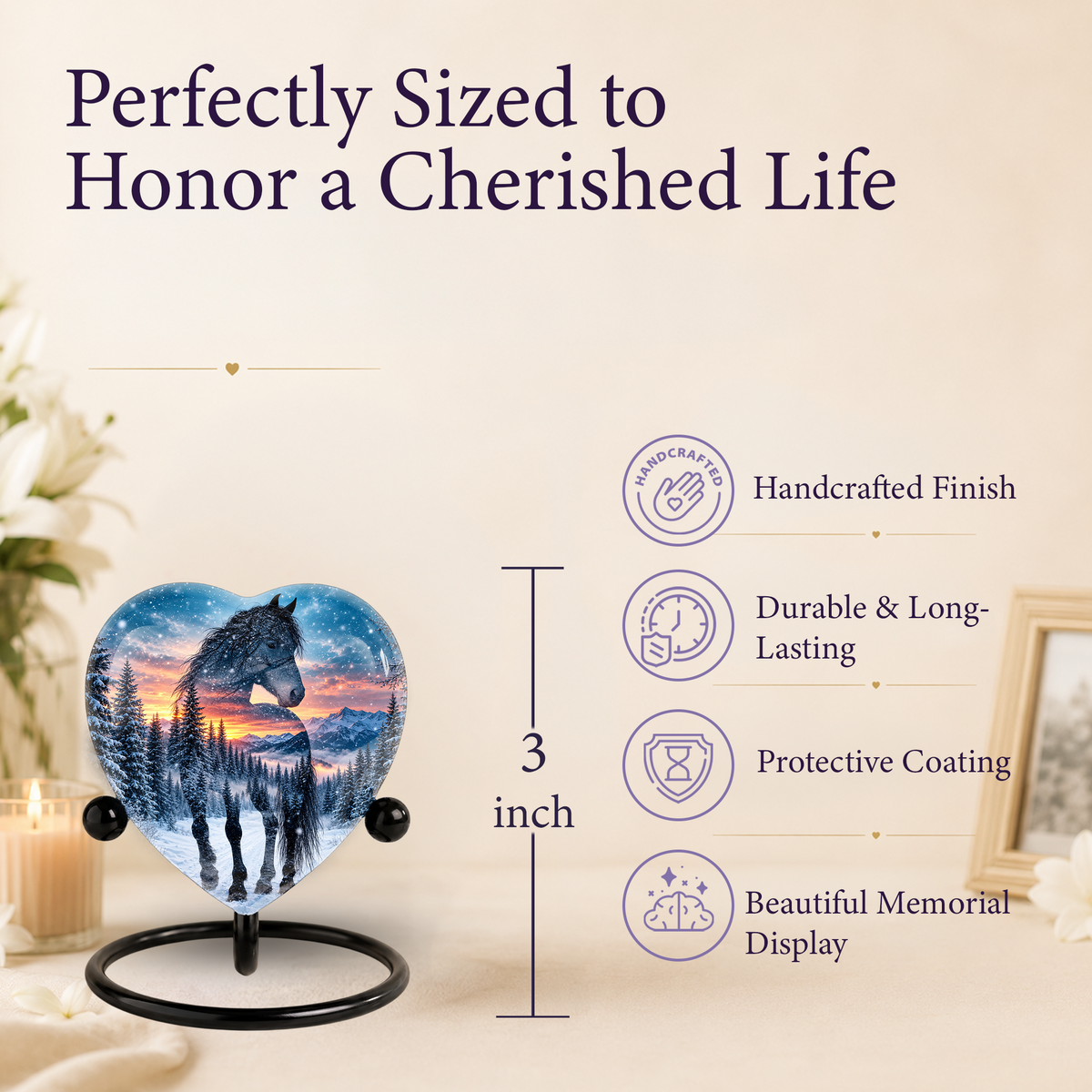 Heart Shaped Horse Urn for Ashes, Winter Mountain Sunset Cremation Urn