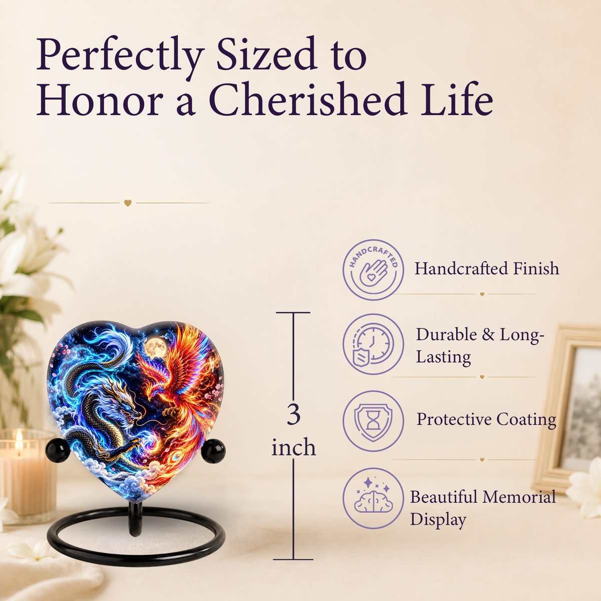 Heart Shaped Dragon and Phoenix Urn for Ashes, Blue Dragon Firebird Cremation Urn, Fantasy Memorial Urn for Human Ashes