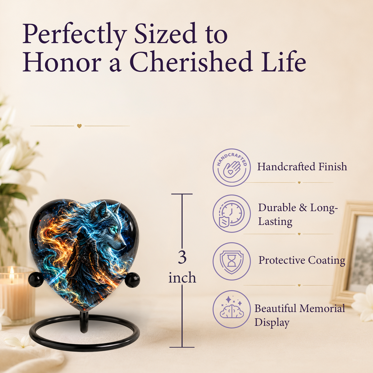 Wolf Warrior Heart Cremation Urn for Ashes, Personalized Adult Memorial Urn,
