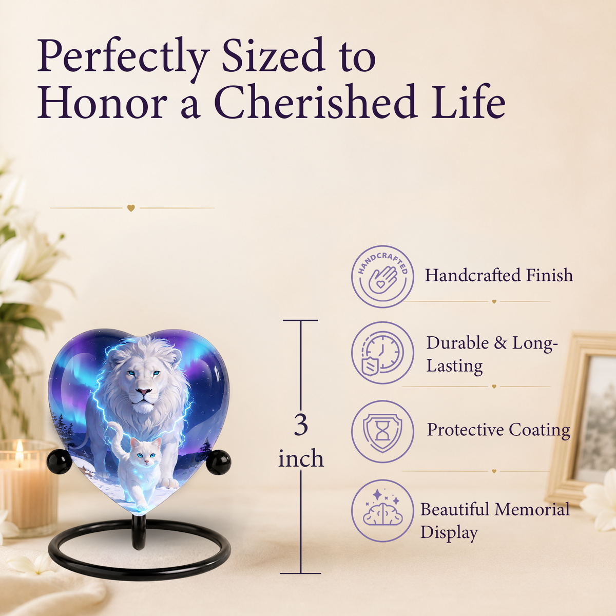 White Lion and White Cat Heart Memorial Urn – Adult Urn, Urns for Adult Ashes