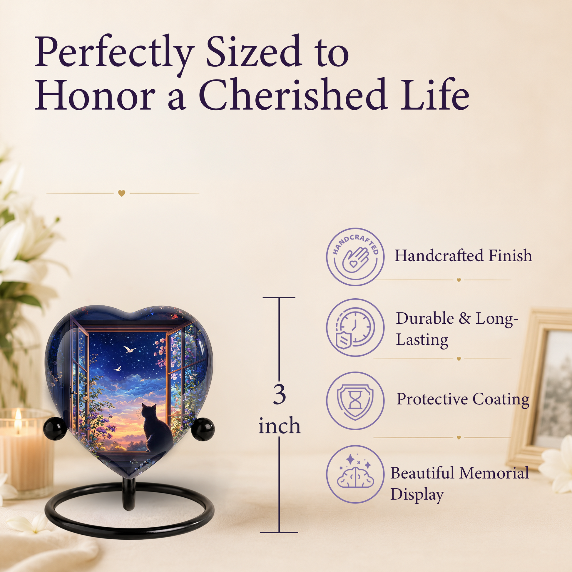 Black Cat Sunset Memorial Adult Urn – Heart-Shaped Adult Urn for Ashes Adult Cremation Urns, Urn for Ashes Adult