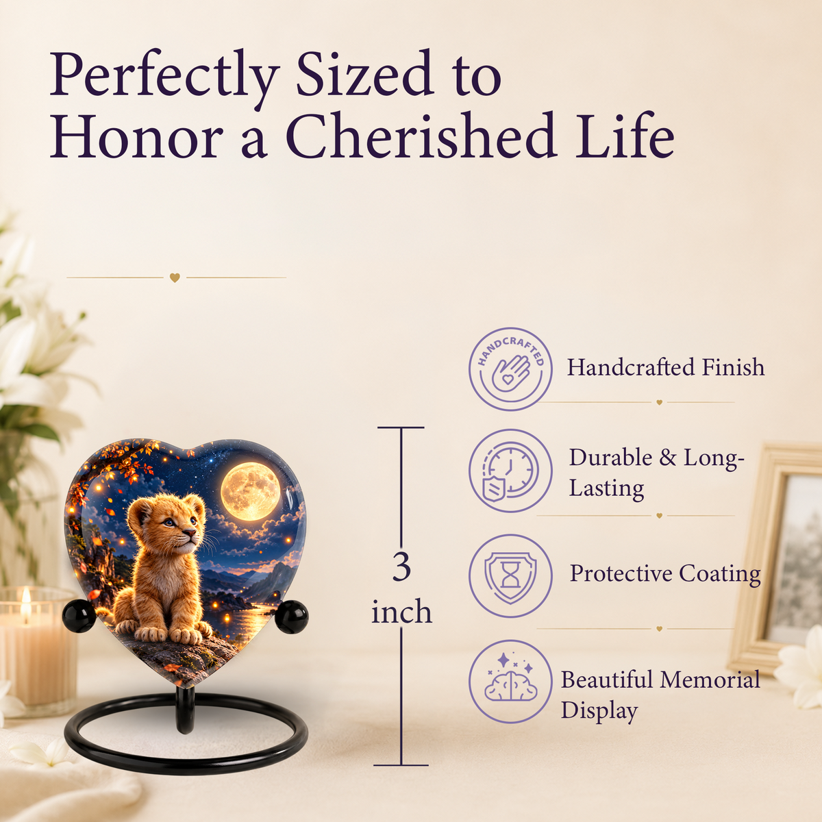 Lion Cub Adult Urn for Ashes, Baby Lion Memorial Urn, Golden Moon and Mountain Cremation Urn