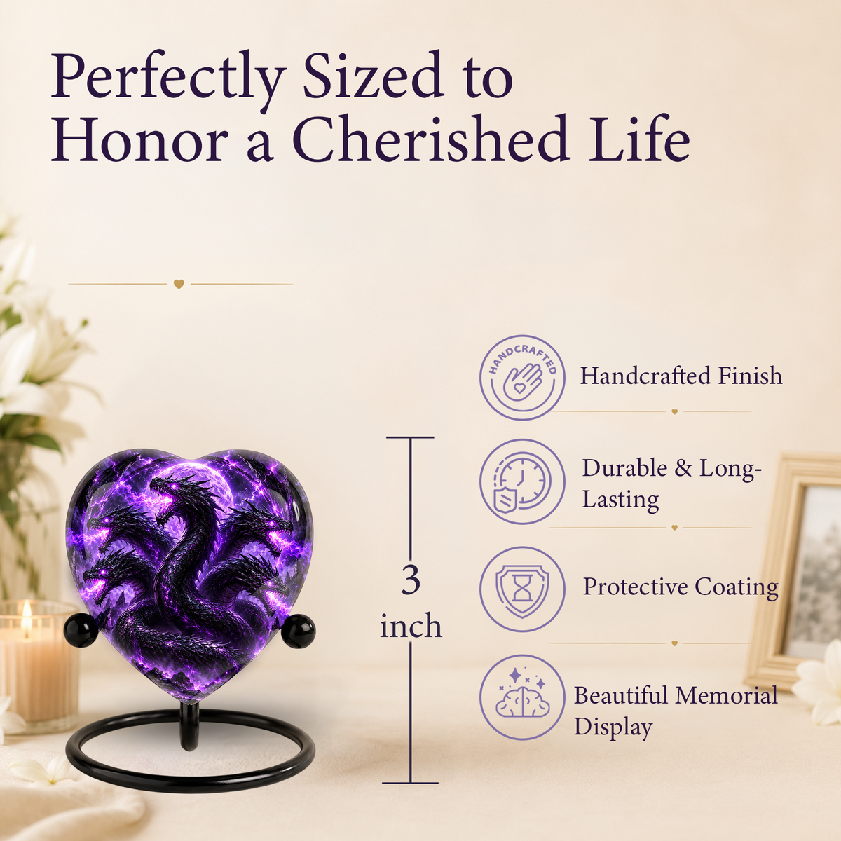Five Headed Dragon Adult Cremation Urn for Ashes, Purple Dragon Memorial Urn, Fantasy Dragon Urn, Personalized Heart Shaped Adult Urn