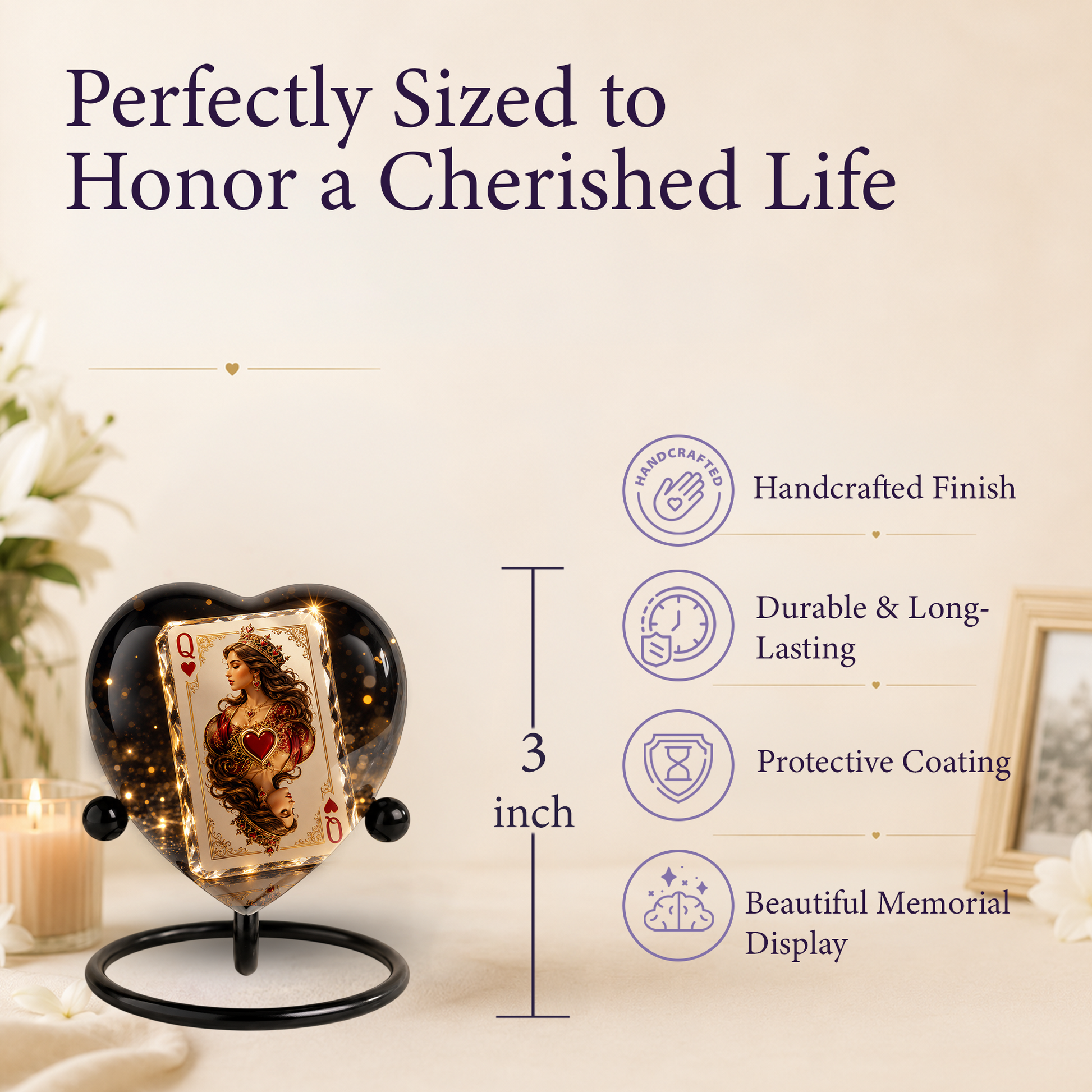 Queen of Hearts Urn – Queen of Hearts Cremation Urn, Playing Card Memorial Urn, Heart-Shaped Adult Urn for Ashes