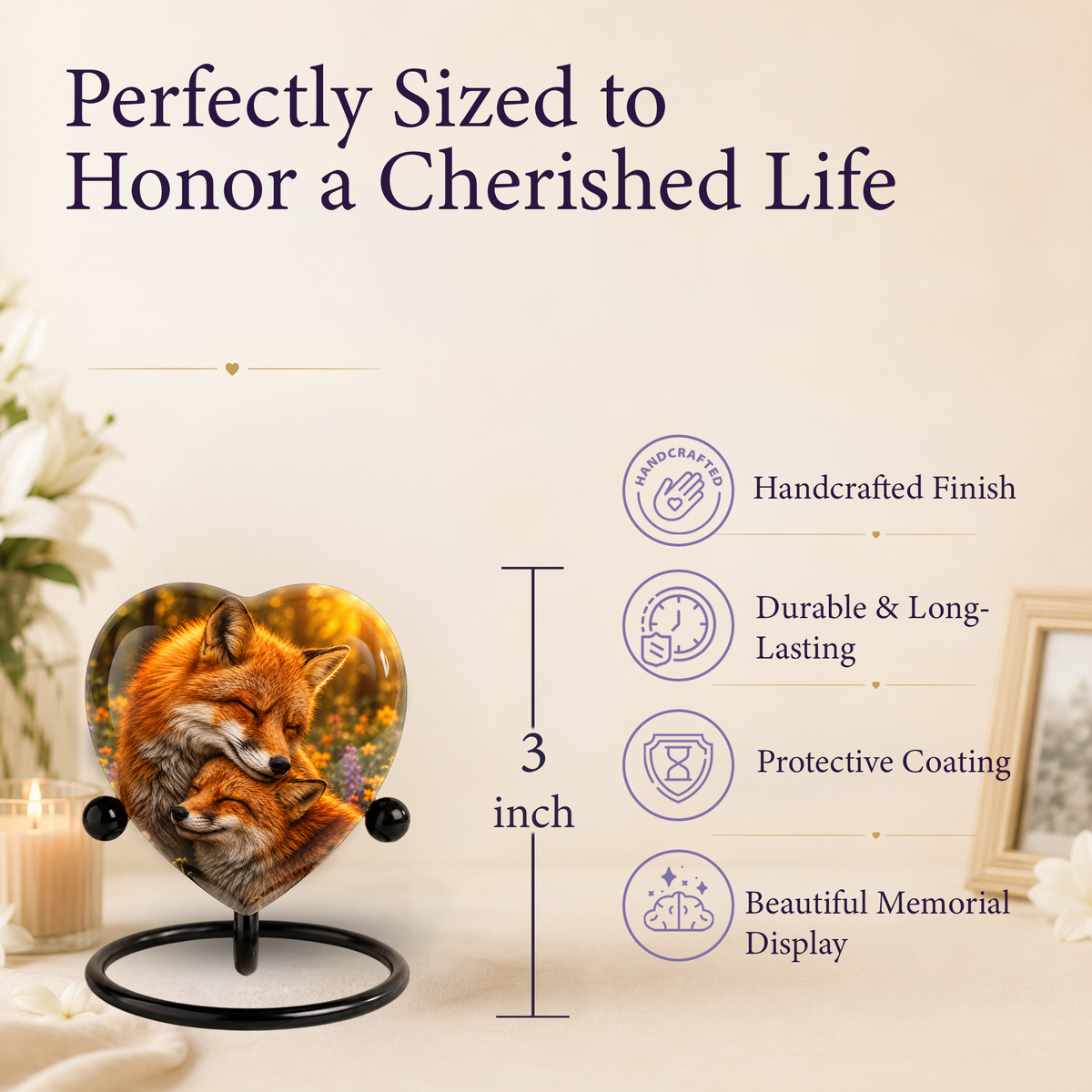 Fox Adult Urn for Ashes, Heart Shaped Adult Cremation Urn, Fox Memorial Urn for Adults