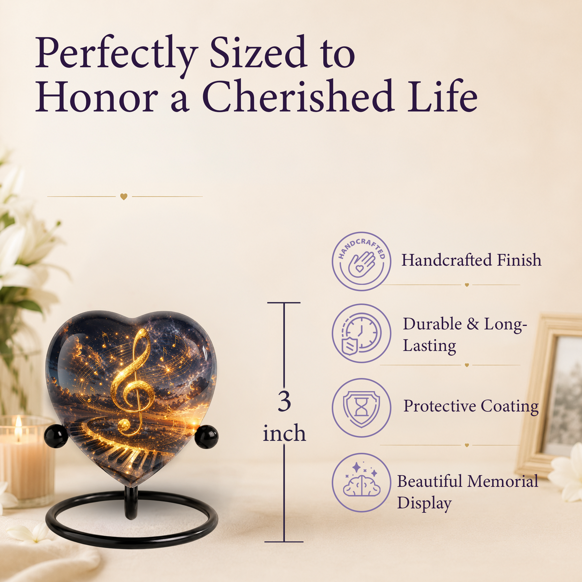 Musical Note Piano Adult Urn – Golden Treble Clef Heart Design Adult Cremation Urn for Ashes