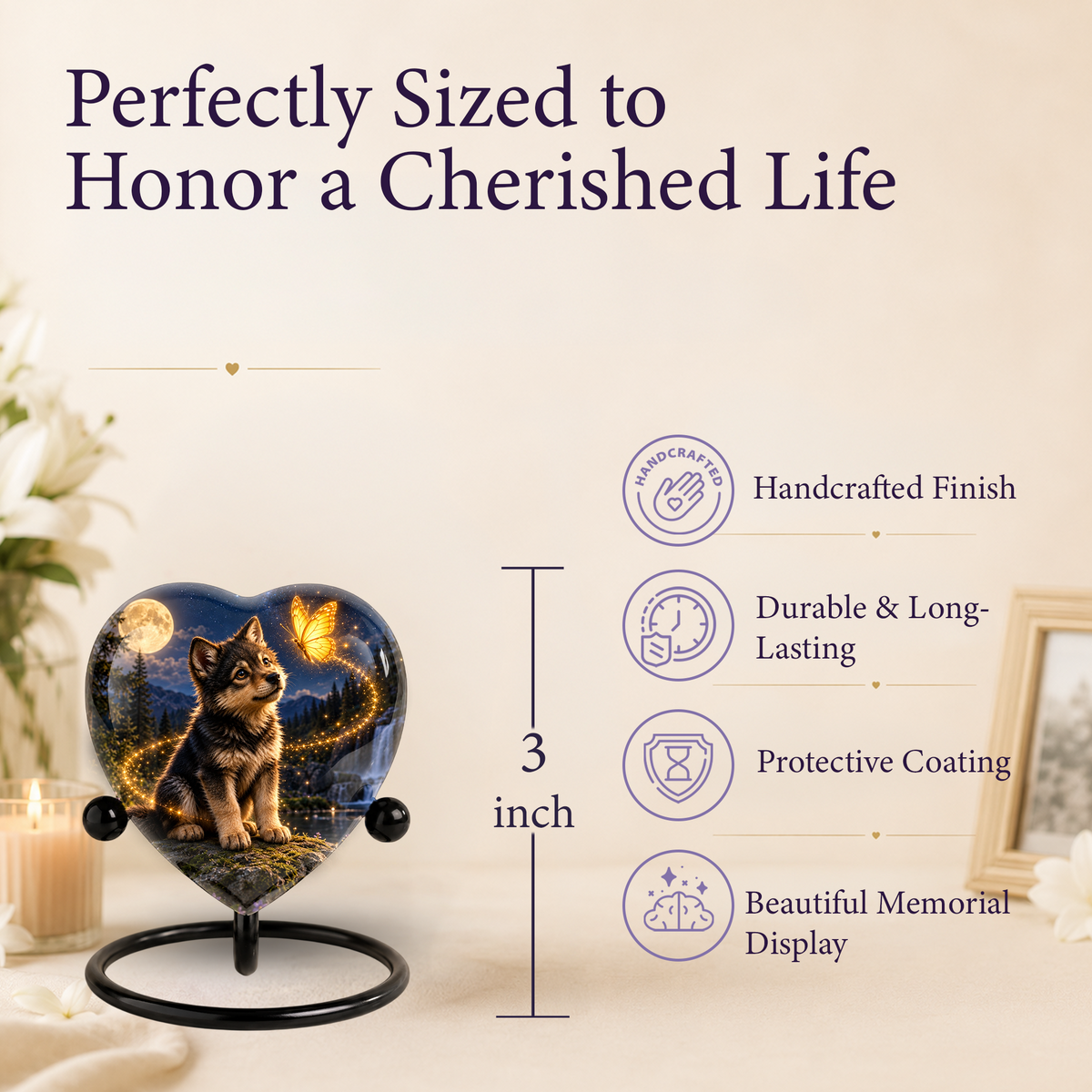 Wolf Memorial Wind Chime – Heart-Shaped Wolf and Butterfly Remembrance Garden Decoration