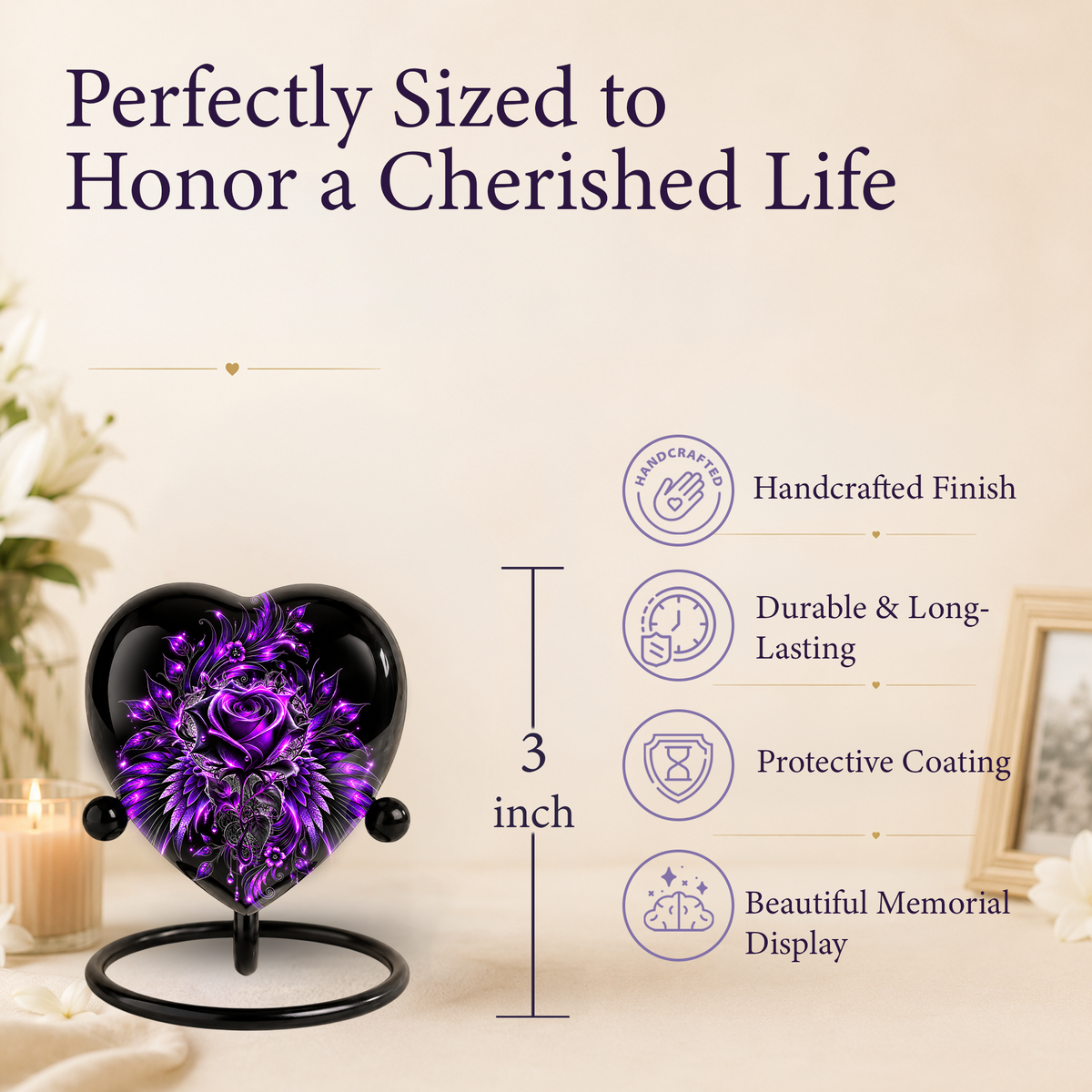 Purple Rose Heart Cremation Urn for Ashes, Purple Floral Urn, Heart Shaped Memorial Urn, Personalized Rose Urn, Gothic Flower Urn