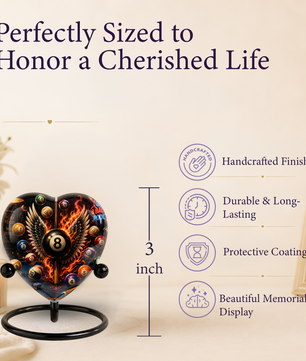 Billiards Cremation Urn, Pool Player Memorial Urn, Heart-Shaped Adult Cremation Urn with Flaming Wings