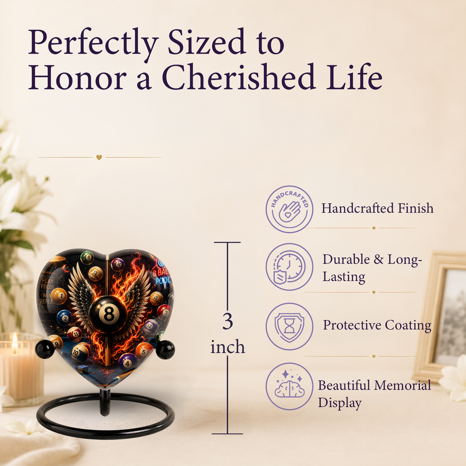 Billiards Cremation Urn, Pool Player Memorial Urn, Heart-Shaped Adult Cremation Urn with Flaming Wings