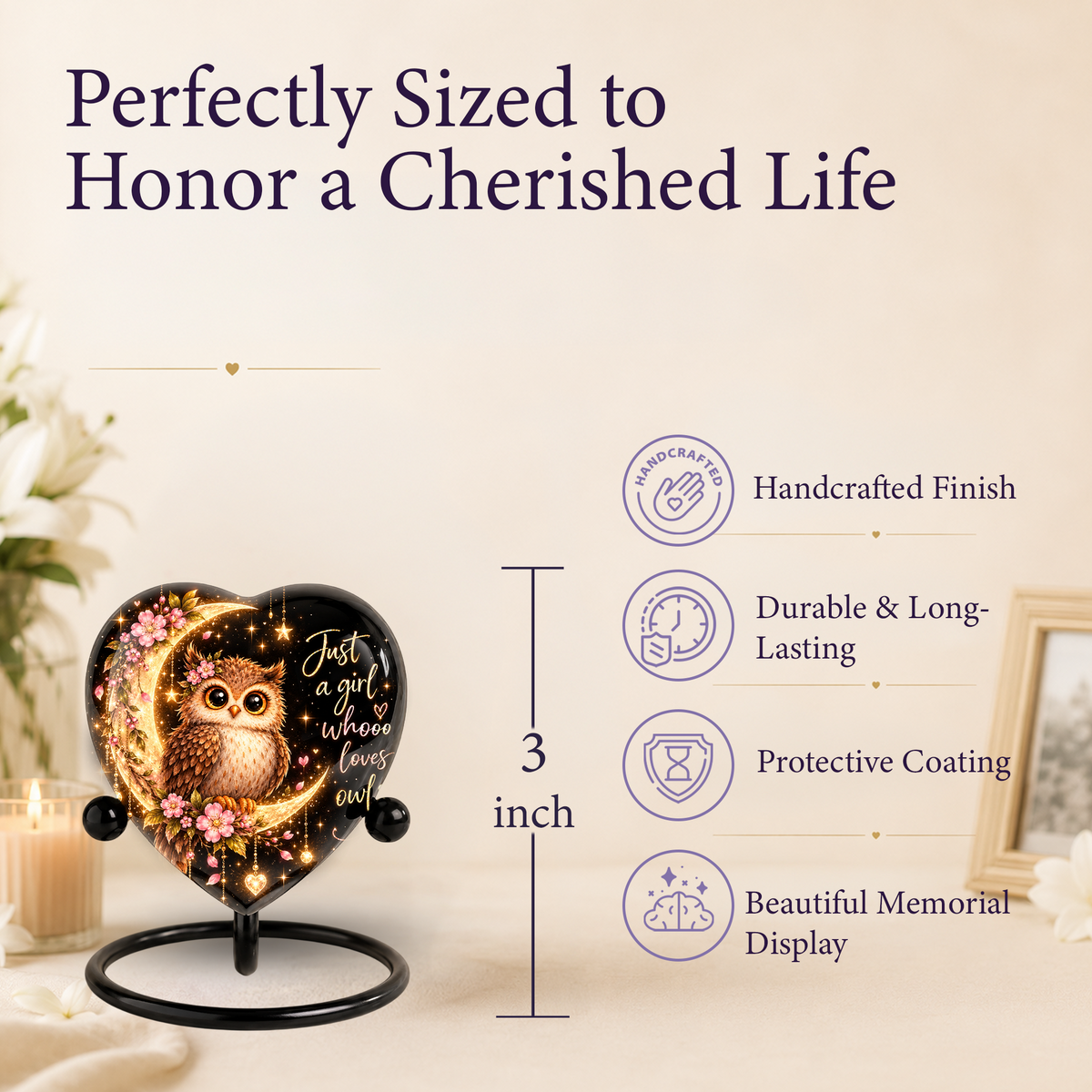 Owl Adult Cremation Urn for Ashes, Personalized Owl Memorial Urn, Heart Shaped Adult Urn, Owl Lover Cremation Urn, Floral Animal Urn