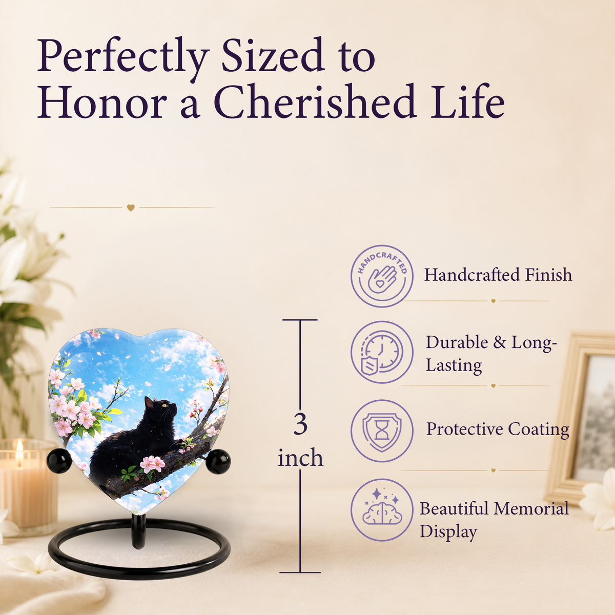 Black Cat Cherry Blossom Heart Memorial Urn – Personalised Cat Urn for Ashes,Cat Memorial Keepsake
