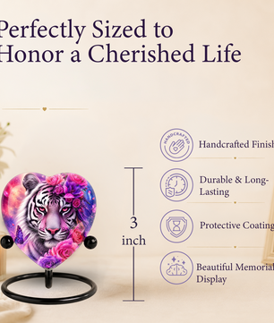 White Tiger Urn – Tiger Cremation Urn, Heart-Shaped Memorial Urn with Pink Roses