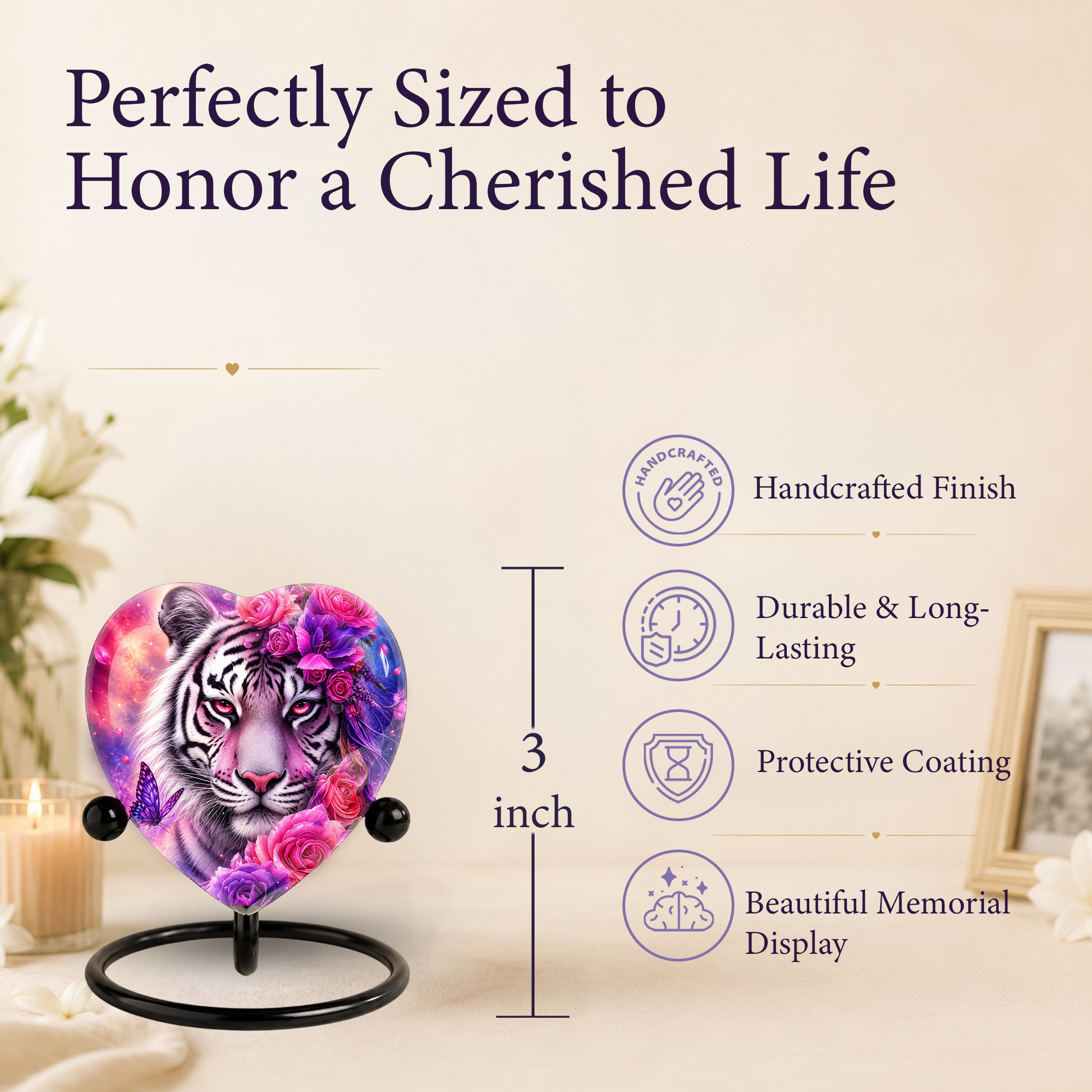 White Tiger Urn – Tiger Cremation Urn, Heart-Shaped Memorial Urn with Pink Roses