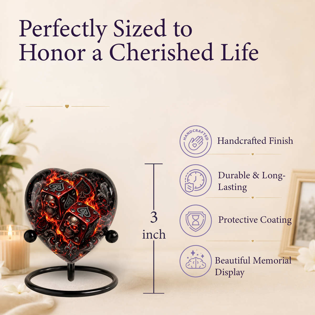 Skull Dice Adult Cremation Urn for Ashes, Personalized Gothic Adult Urn, Gambling Memorial Urn, Skull Heart Cremation Urn, Red Black Urn