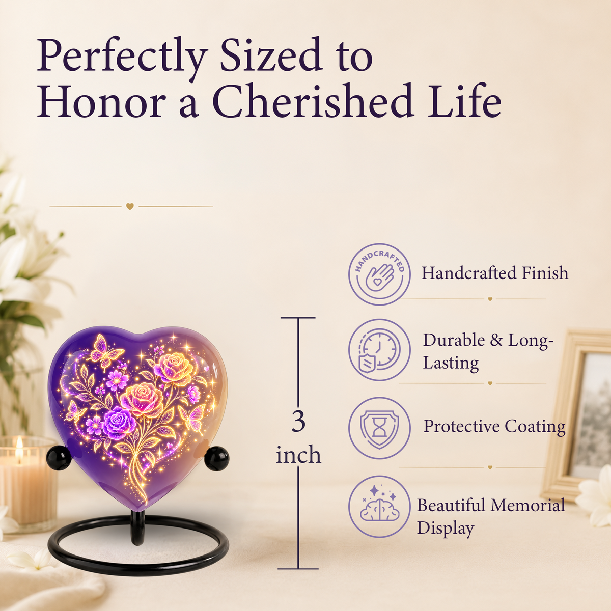 Purple Rose Butterfly Adult Cremation Urn for Ashes, Personalized Floral Adult Urn, Heart Memorial Urn, Rose & Butterfly Cremation Urn