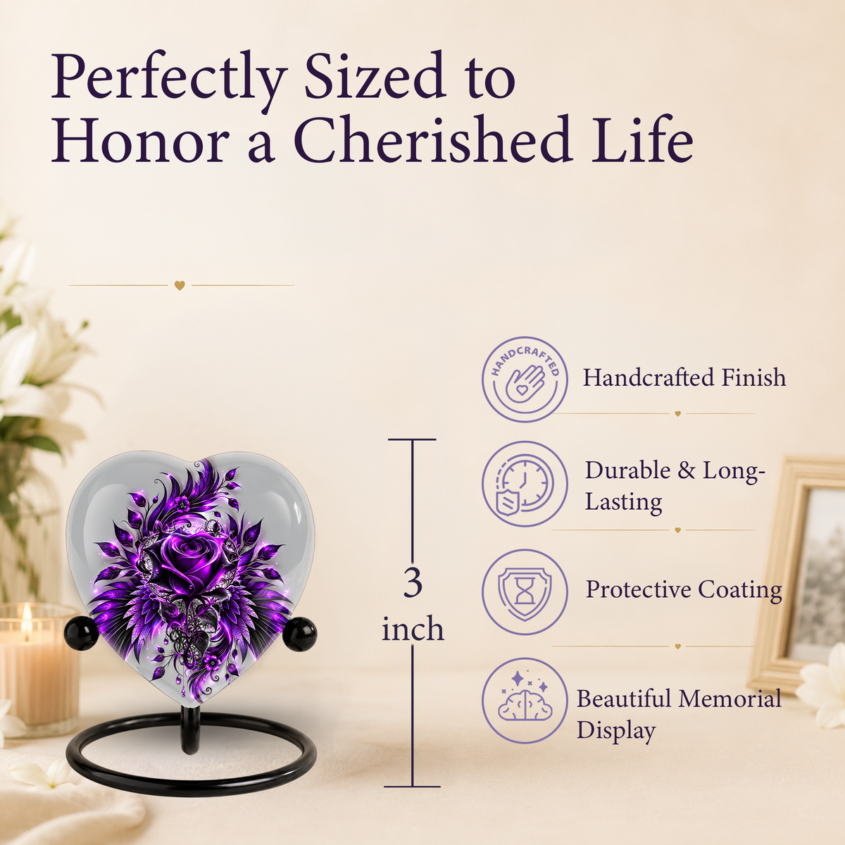 Purple Rose Heart Cremation Urn for Ashes, Floral Memorial Urn, Purple Rose Urn, Personalized Heart Urn, Gothic Flower Cremation Urn
