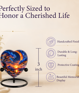 Heart Shaped Moon Urn for Ashes, Celestial Sunset Cremation Urn, Blue Tree and Crescent Moon Memorial Urn