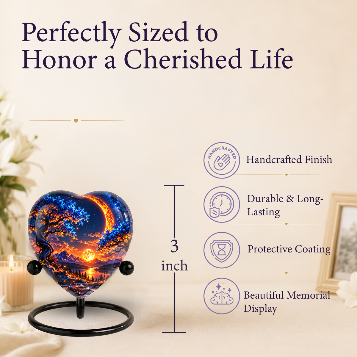 Heart Shaped Moon Urn for Ashes, Celestial Sunset Cremation Urn, Blue Tree and Crescent Moon Memorial Urn