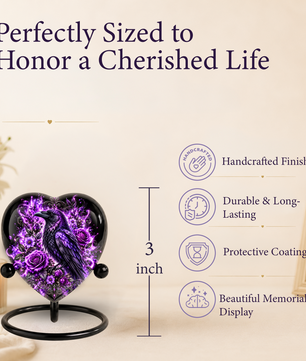 Purple Raven Heart Cremation Urn for Ashes, Raven Memorial Urn, Purple Floral Urn, Crow Urn for Ashes, Gothic Heart Cremation Urn