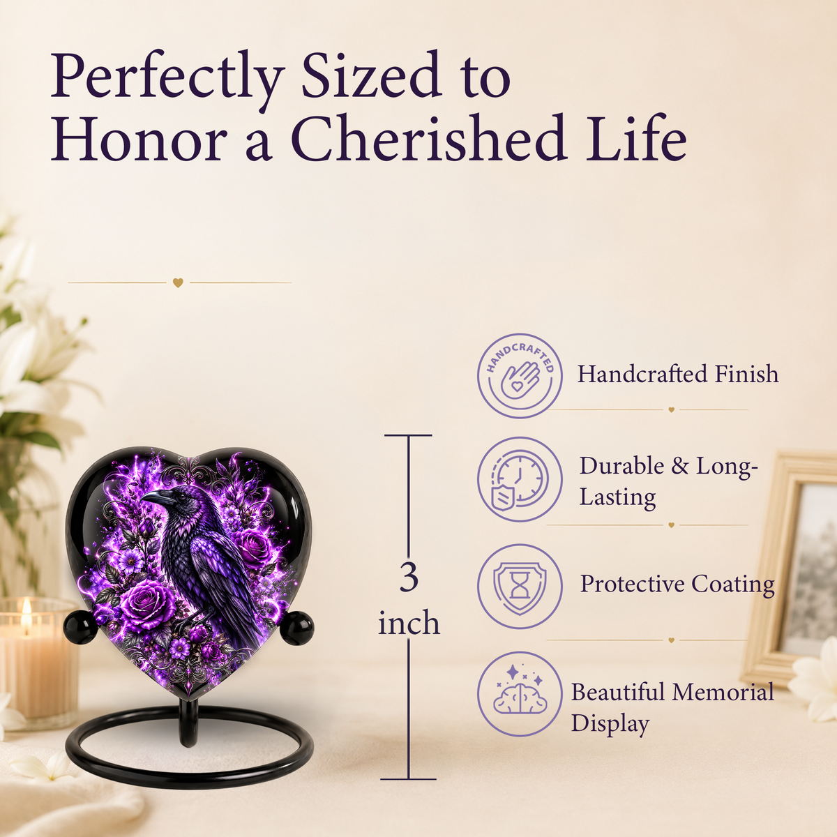 Purple Raven Heart Cremation Urn for Ashes, Raven Memorial Urn, Purple Floral Urn, Crow Urn for Ashes, Gothic Heart Cremation Urn