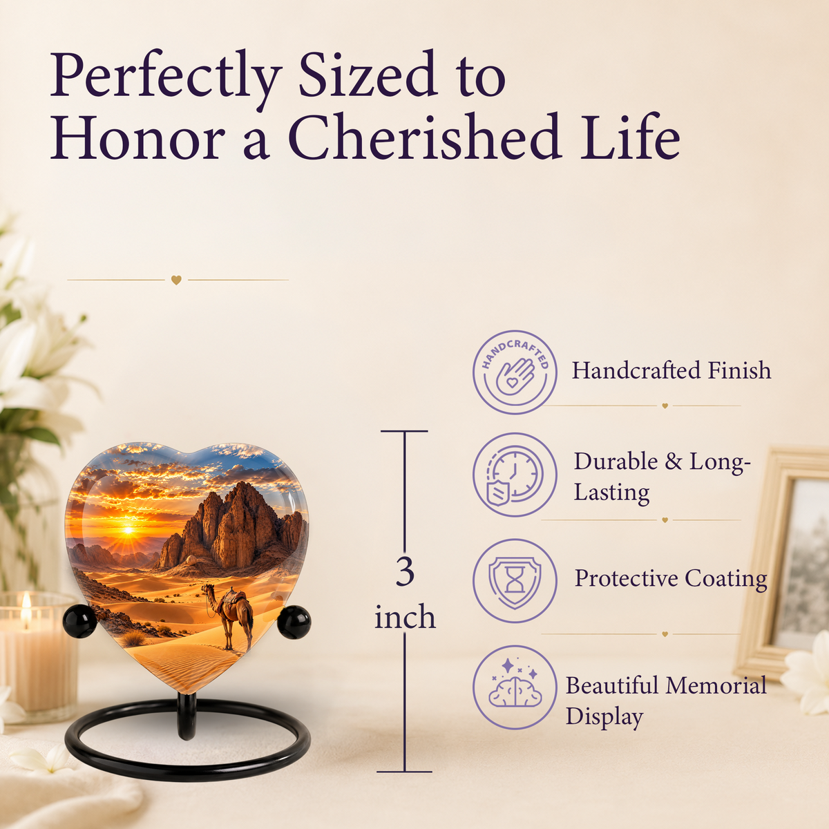 Desert Camel Cremation Urn for Ashes, Desert Memorial Urn, Camel Sunset Urn, Heart Shaped Cremation Urn