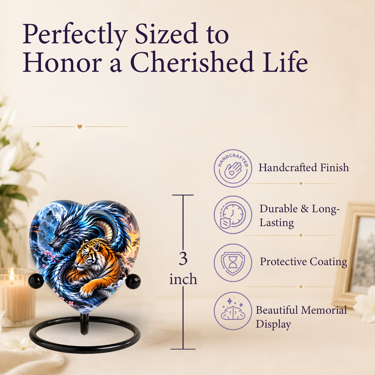 Heart Shaped Dragon and Tiger Urn for Ashes, Fantasy Animal Cremation Urn, Blue Dragon Tiger Memorial Urn for Human Ashes