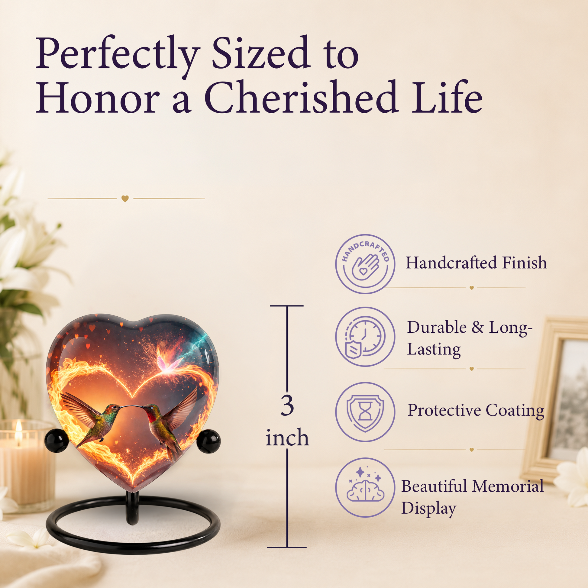Heart-Shaped Adult Cremation Urn with Hummingbird Memorial Design – Beautiful Memorial Urn for Ashes
