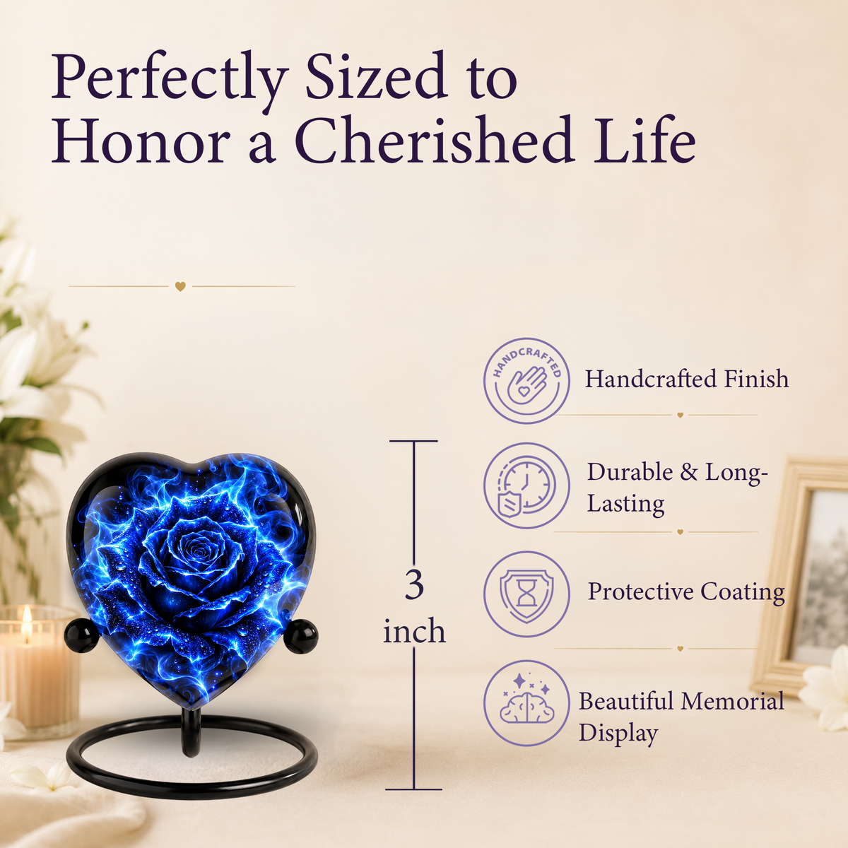 Blue Rose Adult Cremation Urn for Ashes, Personalized Blue Rose Memorial Urn, Heart Shaped Adult Urn, Blue Flower Cremation Urn