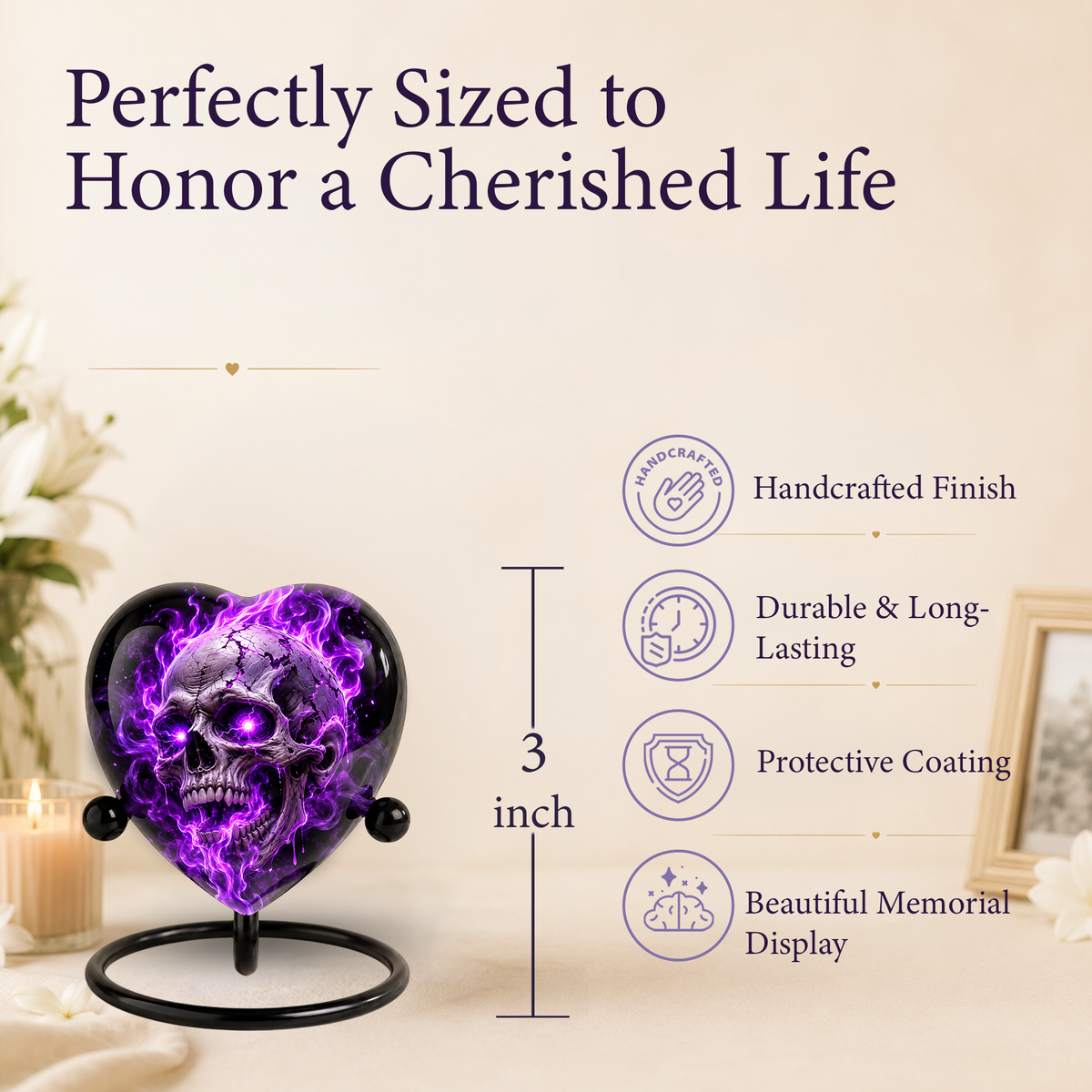 Purple Skull Adult Cremation Urn for Ashes, Gothic Skull Memorial Urn, Personalized Adult Urn, Halloween Horror Heart Shaped Cremation Urn