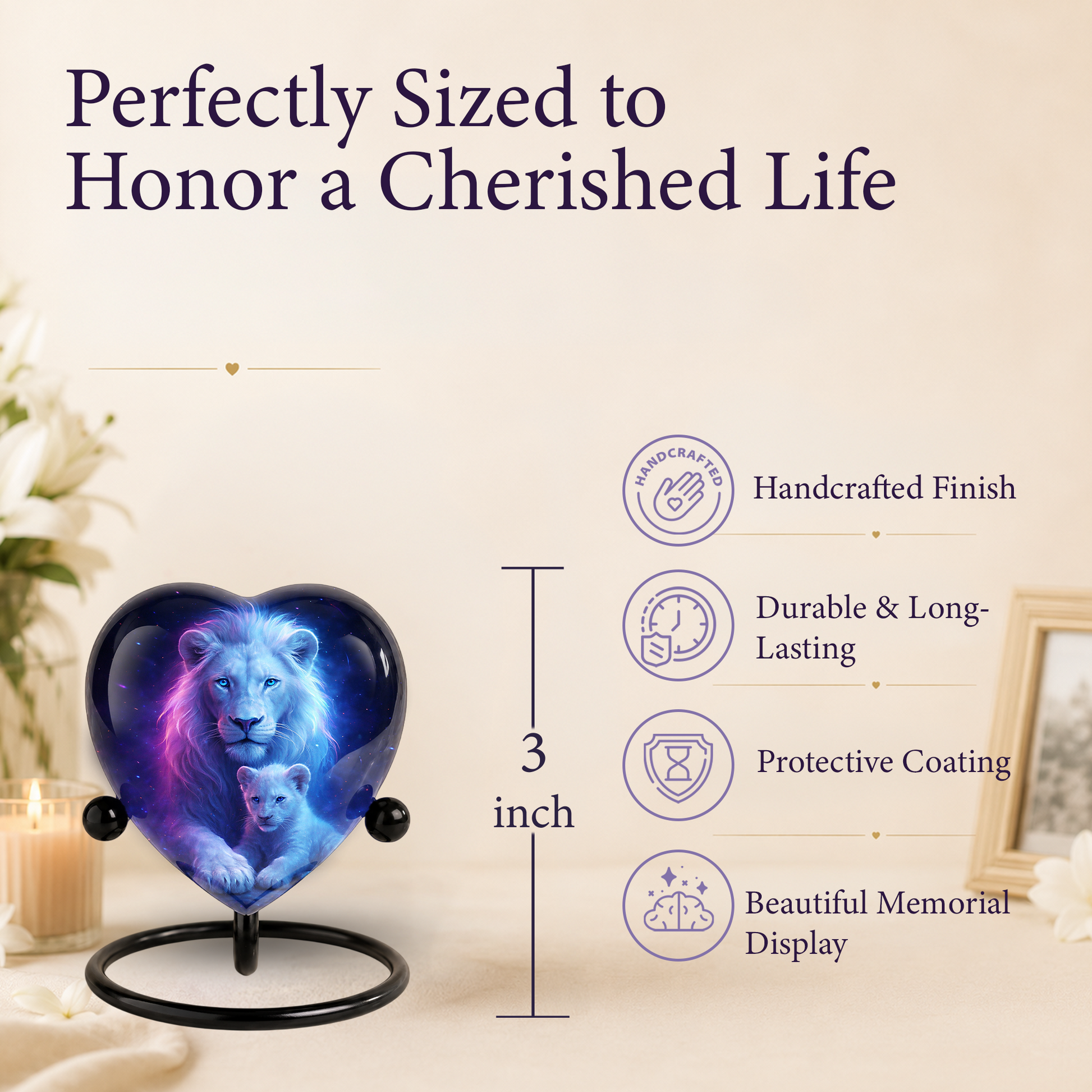 White Lion and Lion Cub Heart Memorial Urn – Adult Urn, Urns for Adult Ashes
